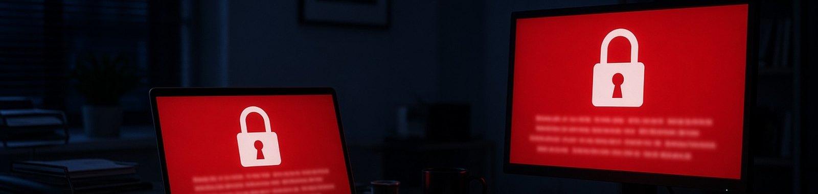 Office computers showing a ransomware lock screen